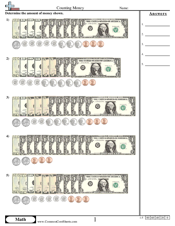 Counting Money (with change) worksheet
